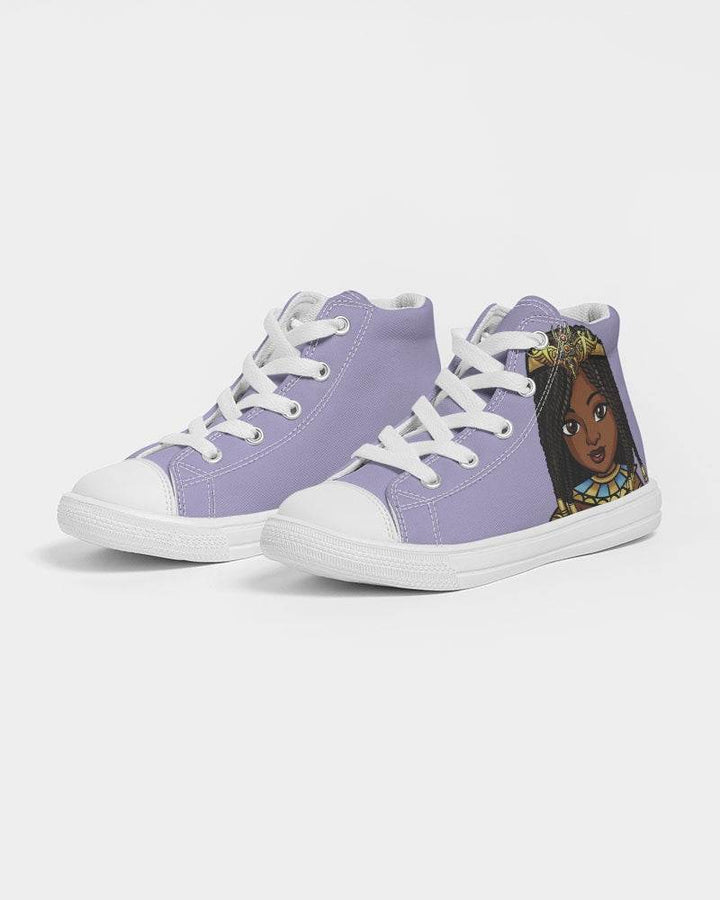 Purple Cleopatra-themed sneakers inspired by TL Johnson’s Cleopatra the Wise; African royalty design promoting leadership and confidence.
