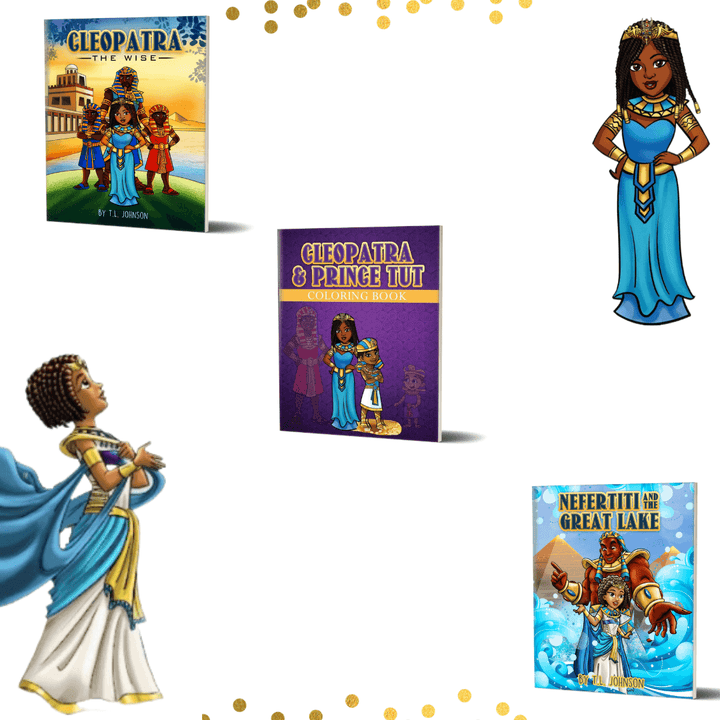 The Crowned Cuties Collection featuring Cleopatra and Nefertiti surrounded by golden circles. Covers of Nefertiti & The Great Lake, Cleopatra the Wise and the Cleopatra & Tut Coloring Book