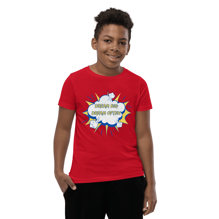 Young Black Boy wearing Red Motivational children’s T-shirt connecting to the Dream Big Coloring Book; representation and confidence for future professionals