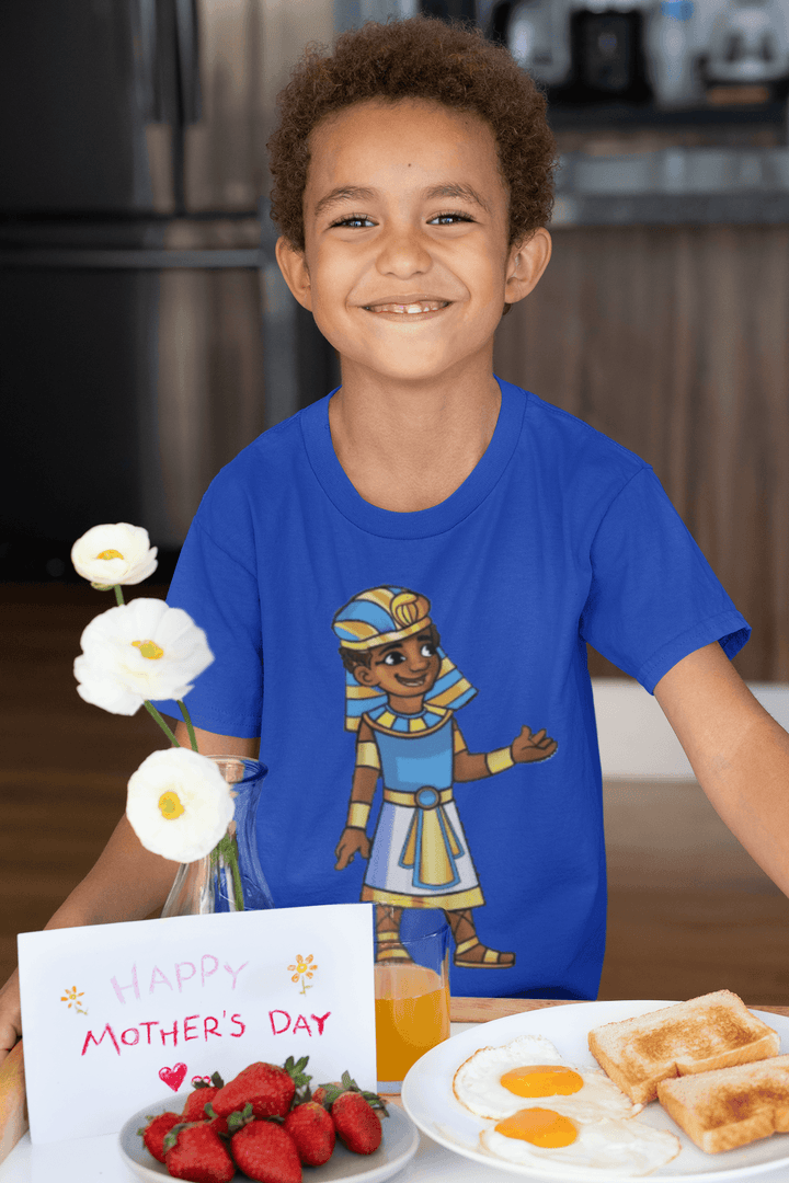 Tut T-shirt featuring a gold crown and displaying friendship; cultural empowerment apparel for young leaders. On Mother's Day