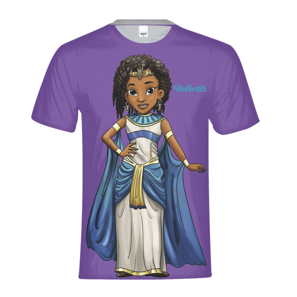 Purple Nefertiti children’s T-shirt inspired by TL Johnson’s book Nefertiti & The Great Lake; cultural empowerment apparel for kids.