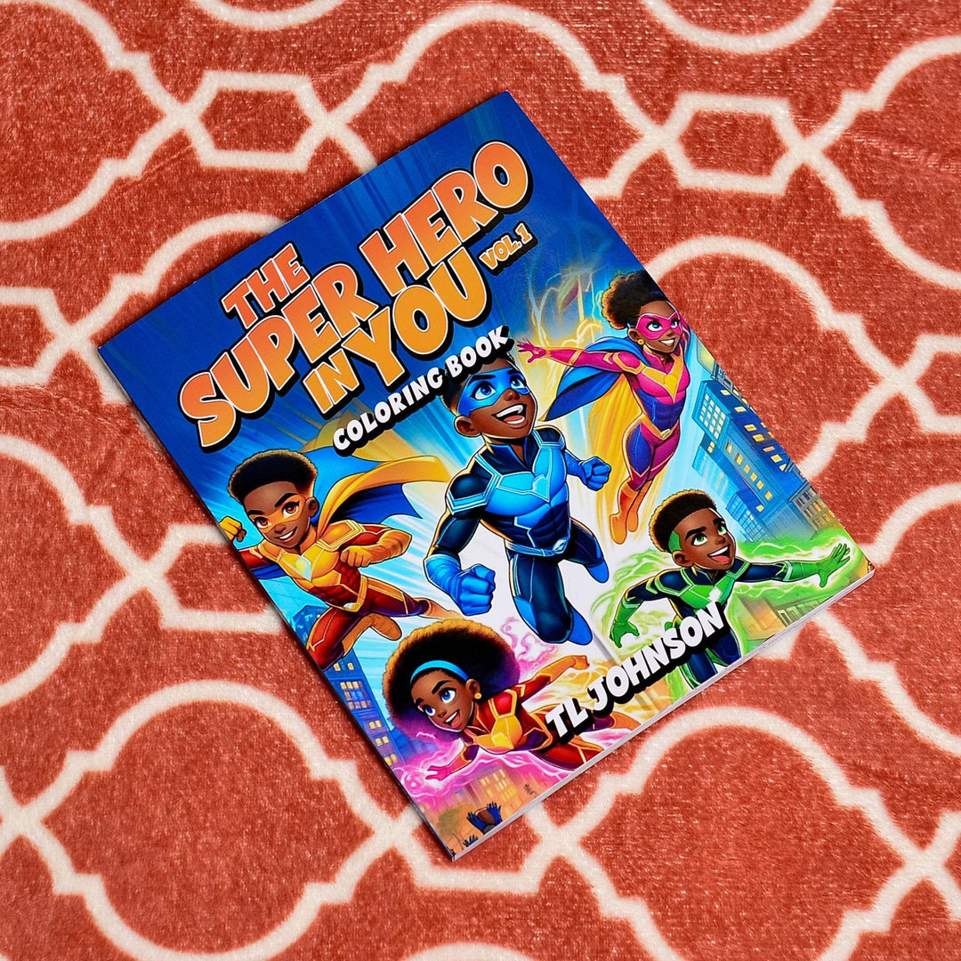Diverse Black superheroes featured in The Superhero in You Coloring Book — educational and empowering coloring book for children
