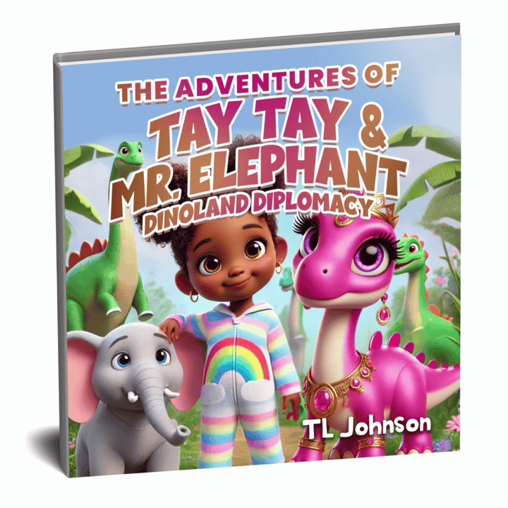 Cover of The Adventures of Tay Tay & Mr. Elephant: Dinoland Diplomacy by TL Johnson featuring Tay Tay and Mr. Elephant surrounded by friendly dinosaurs.