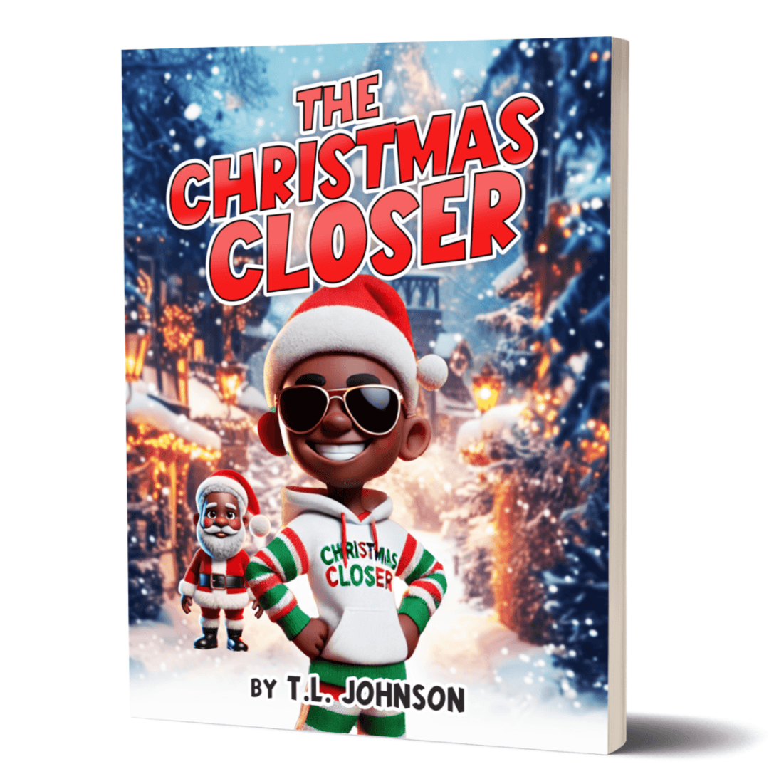 Cover of The Christmas Closer by TL Johnson showing a joyful cool Black elf and Black Santa Clause celebrating Christmas.