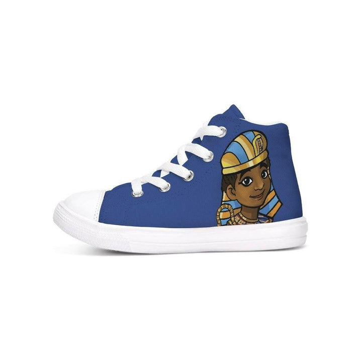 Blue Tut side view. Cultural empowerment sneakers featuring crown emblem and “Lead With Wisdom” design.