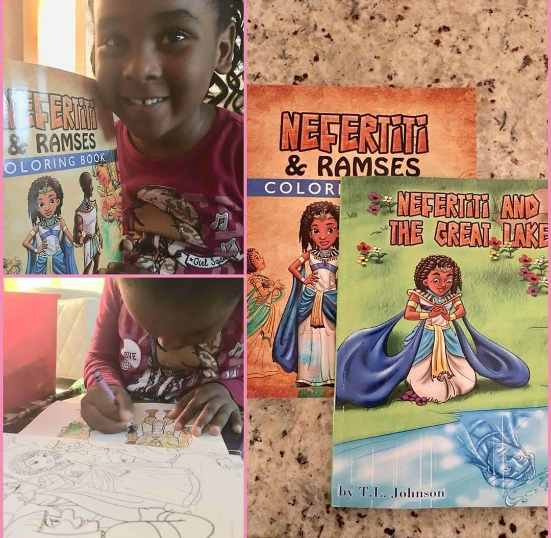 Young girl in a red shirt enjoying coloring in Nefertiti & Ramses: Coloring Book.