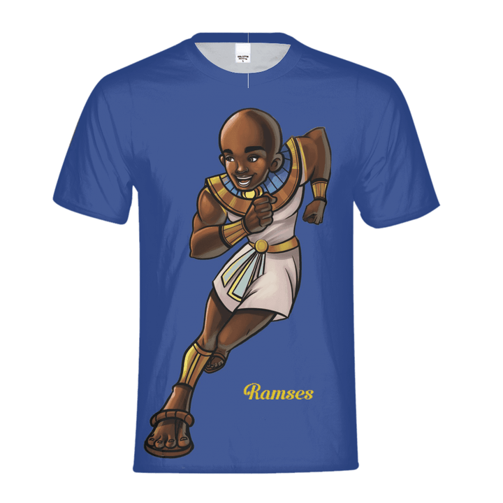 Blue Front image of Ramses T-shirt featuring “The Mind Is a Muscle” design; Black excellence and African royalty fashion for kids.