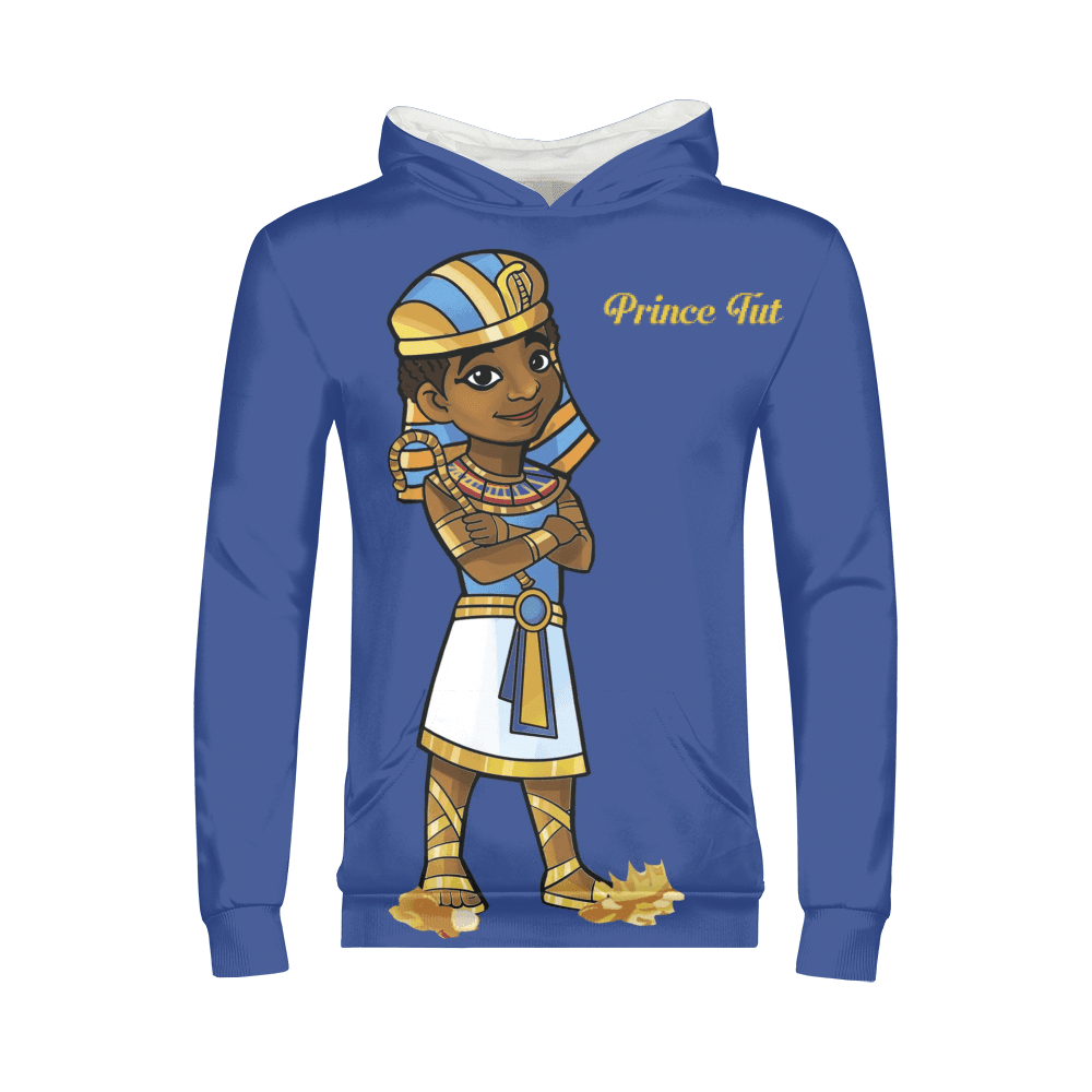 Prince Tut Hoodie. the Blue African heritage hoodie celebrating responsibility and family values through the story of Tut the Responsible.